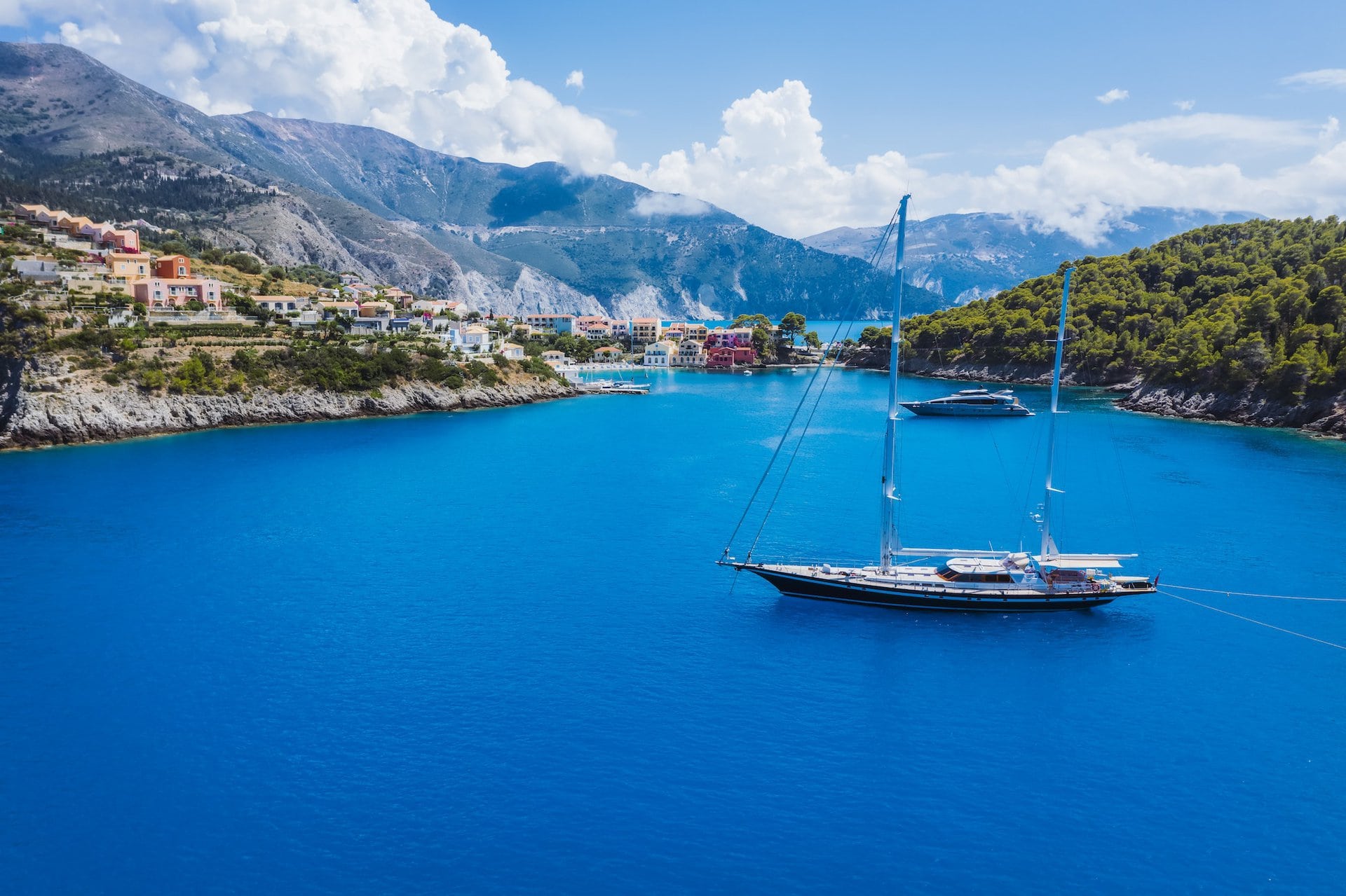 Aerial view of Luxury Sail Yacht in Assos village, Kefalonia Island, Greece